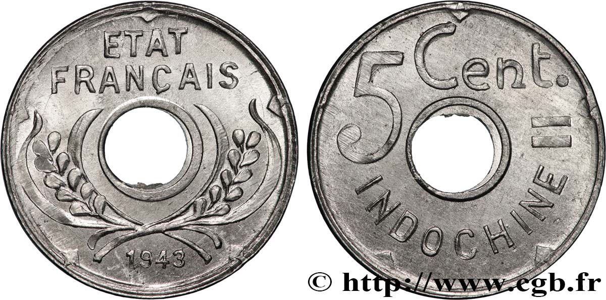 FRENCH INDOCHINA 5 Centièmes 1943 Hanoï AU 