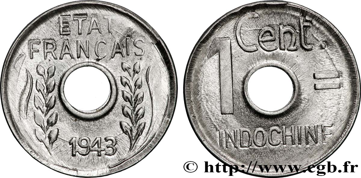 INDOCHINE FRANÇAISE 1 Centième 1943 Hanoï SPL 