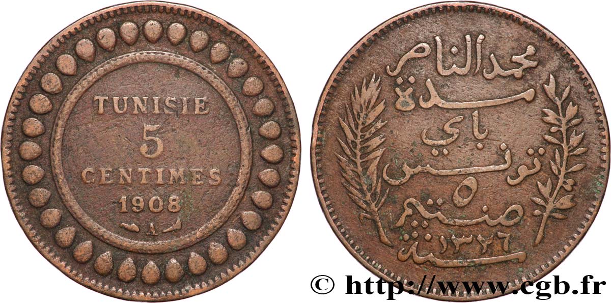 TUNISIA - Protettorato Francese 5 Centimes AH1326 1908 Paris BB 