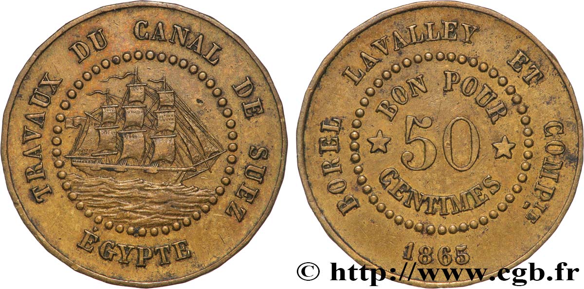 ÉGYPTE - CANAL DE SUEZ 50 Centimes Borel Lavalley et Compagnie 1865  TTB+ 