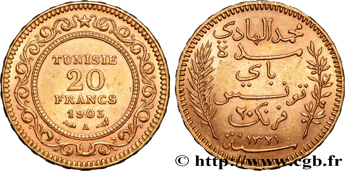 INVESTMENT GOLD 20 Francs or Bey Mohamed El Hadi AH 1321 1903 Paris XF 