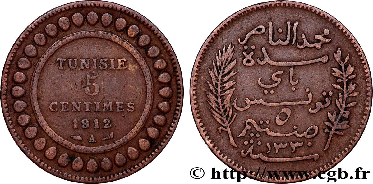 TUNISIE - PROTECTORAT FRANÇAIS 5 Centimes AH1330 1912 Paris TB+ 