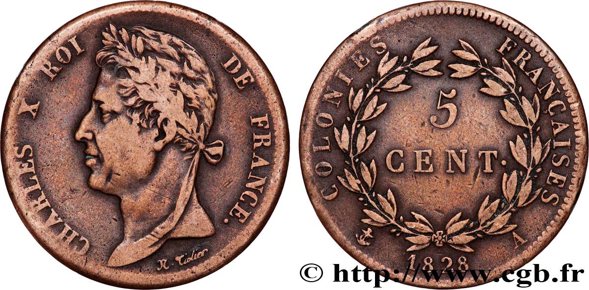 COLONIE FRANCESI - Carlo X, per Guyana 5 Centimes Charles X 1828 Paris - A q.BB 