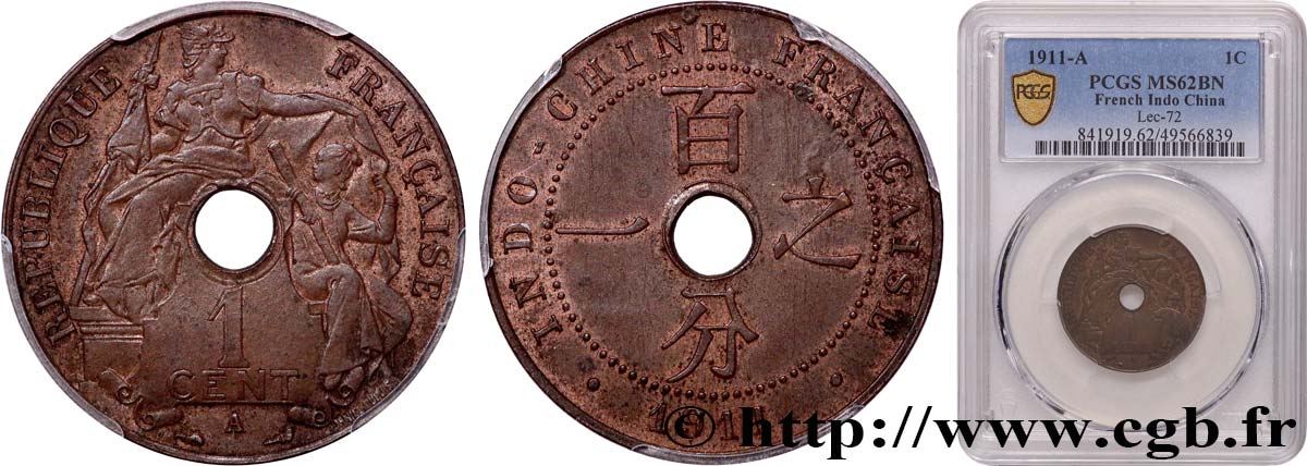 FRENCH INDOCHINA 1 Centième 1911 Paris MS62 PCGS