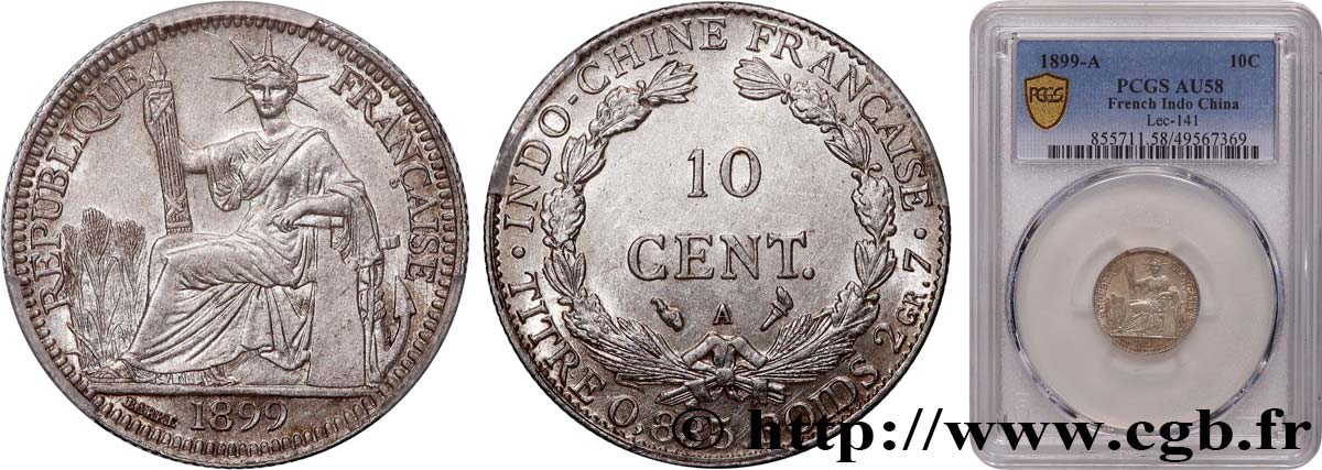 FRENCH INDOCHINA 10 Centièmes 1899 Paris AU58 PCGS