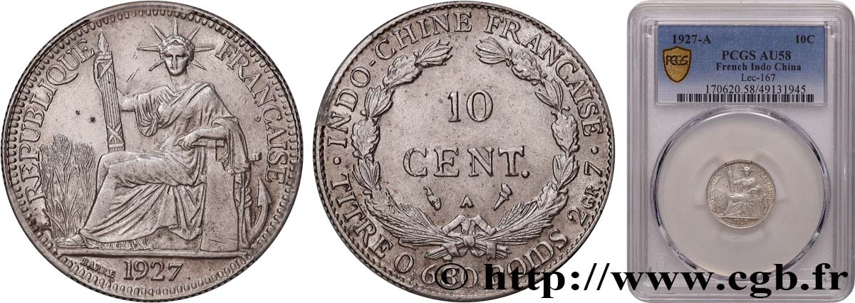 INDOCHINA 10 Centièmes 1927 Paris EBC58 PCGS