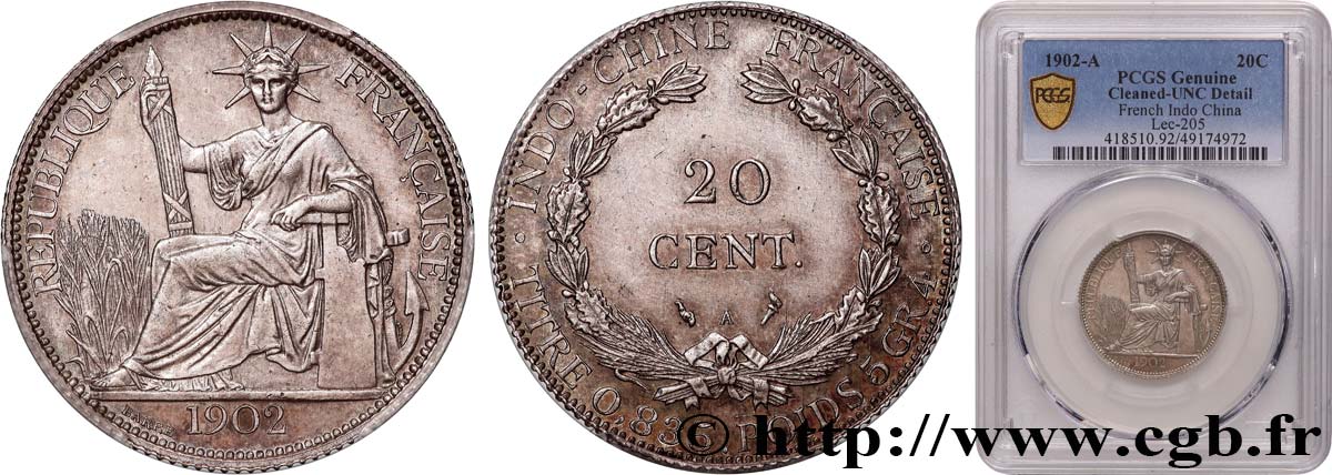 FRENCH INDOCHINA 20 Centièmes 1902 Paris MS PCGS