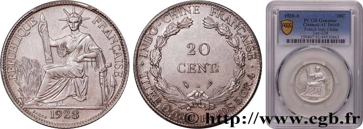 INDOCHINA 20 Centièmes 1928 Paris SC PCGS