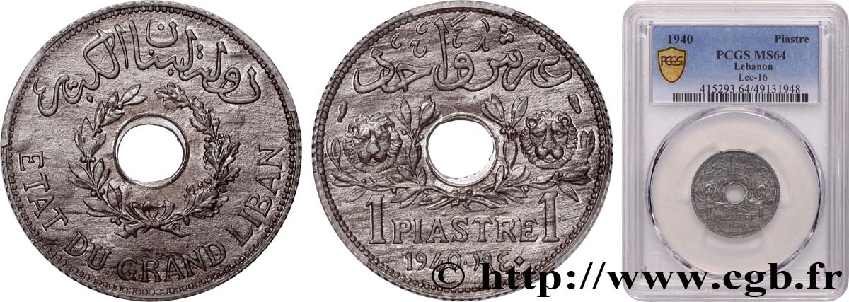 LIBAN - TROISIÈME RÉPUBLIQUE 1 Piastre Cèdre du Liban 1940 Paris SPL64 PCGS