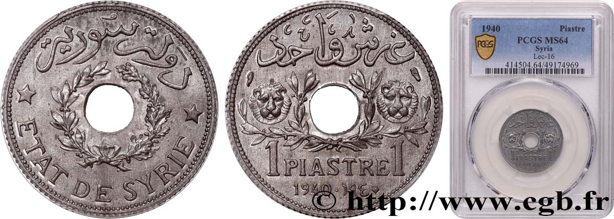 SIRIA 1 Piastre État de Syrie 1940 Paris SC64 PCGS