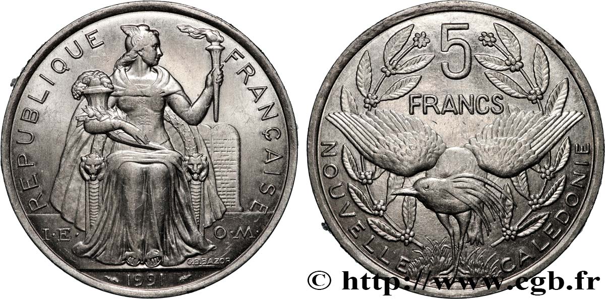 NOUVELLE CALÉDONIE 5 Francs I.E.O.M. 1991 Paris SPL 