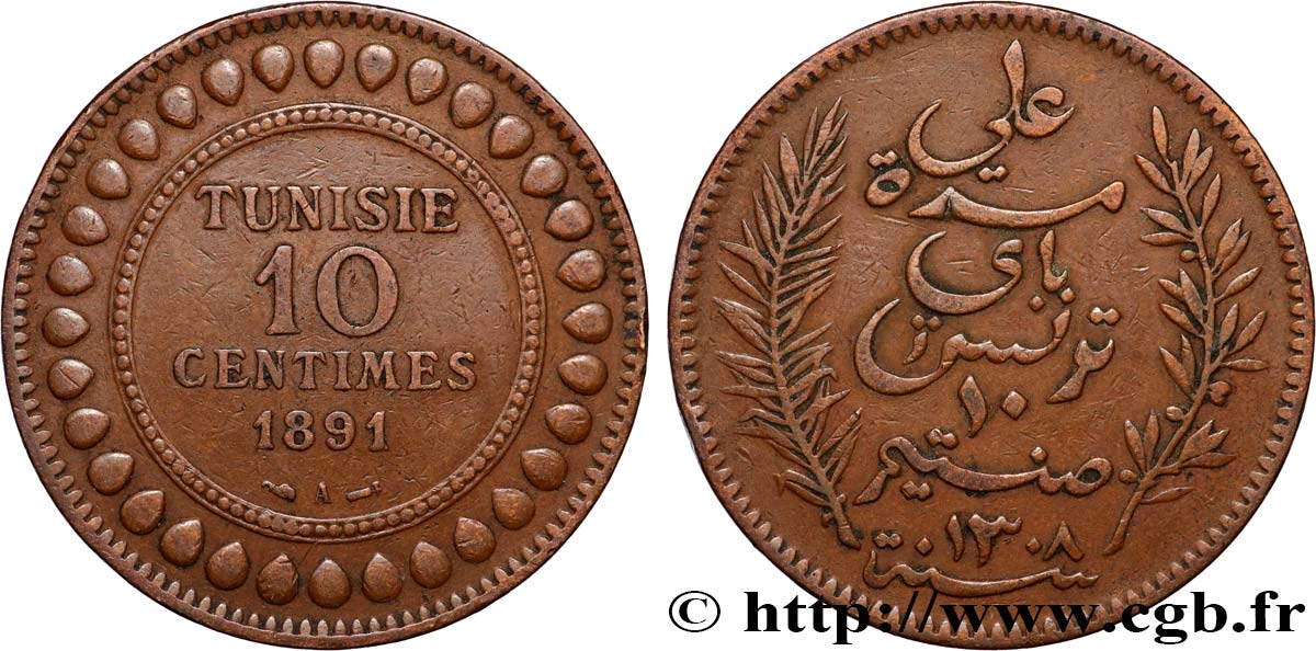 TUNISIE - PROTECTORAT FRANÇAIS 10 Centimes AH1308 1891 Paris TTB 