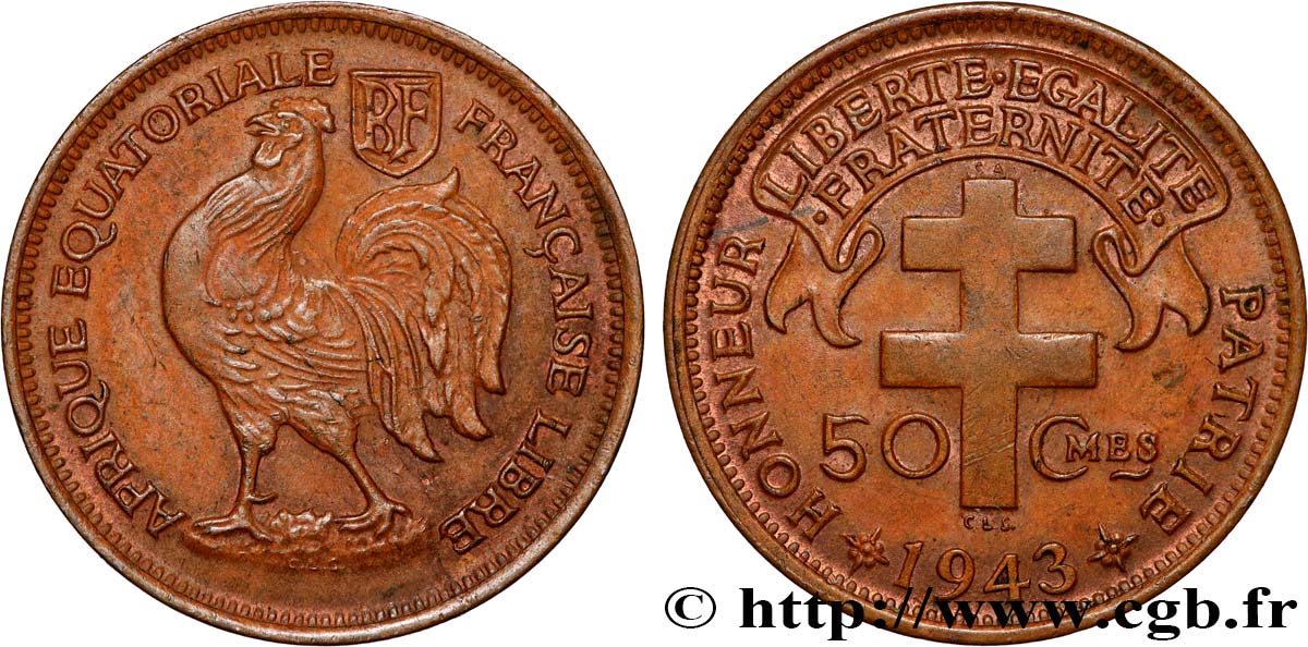 AFRICA ECUATORIAL FRANCESA - Fuerzas Francesas Libras 50 Centimes 1943 Prétoria MBC+ 