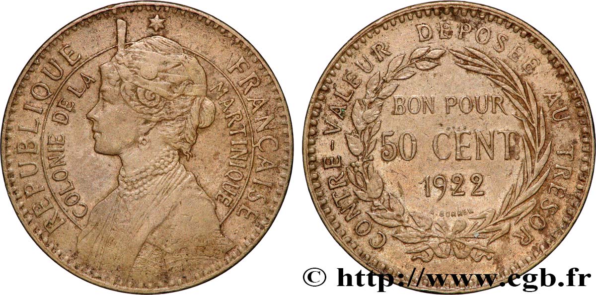 ÎLE DE LA MARTINIQUE Bon pour 50 Centimes Colonie de la Martinique 1922 sans atelier TTB 