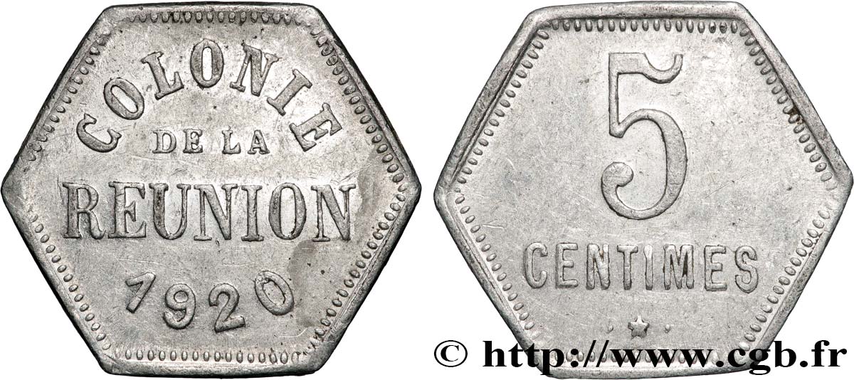 ÎLE DE LA RÉUNION - Troisième République 5 Centimes  1920  TTB+ 