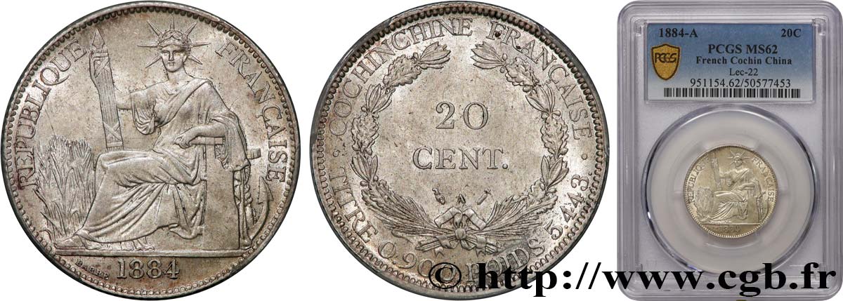 COCHINCHINE FRANÇAISE 20 Centimes 1884 Paris SUP62 PCGS