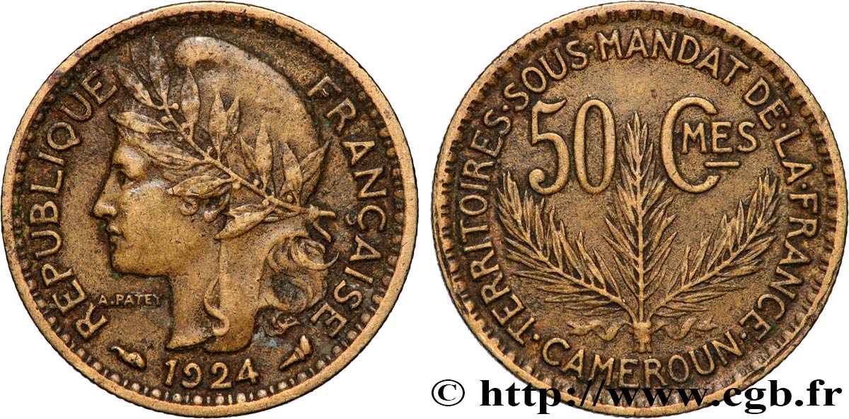 CAMEROON - FRENCH MANDATE TERRITORIES 50 Centimes 1924 Paris XF 