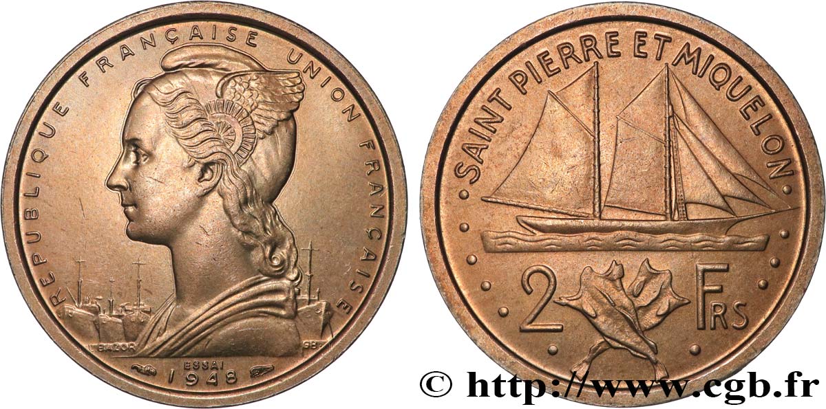 SAINT PIERRE ET MIQUELON 2 Francs ESSAI 1948 Paris SPL 