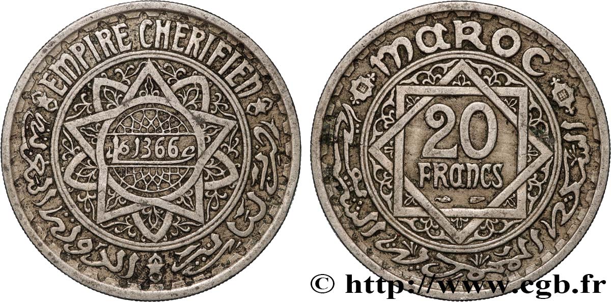 MAROC - PROTECTORAT FRANÇAIS 20 Francs AH 1366 1947 Paris TTB+ 