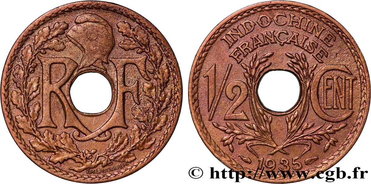 FRENCH INDOCHINA 1/2 Centième 1935 Paris XF 