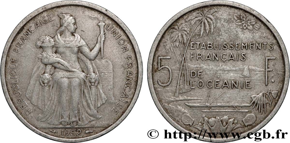 POLYNÉSIE FRANÇAISE - Océanie française 5 Francs Établissements Français de l’Océanie 1952 Paris TTB 