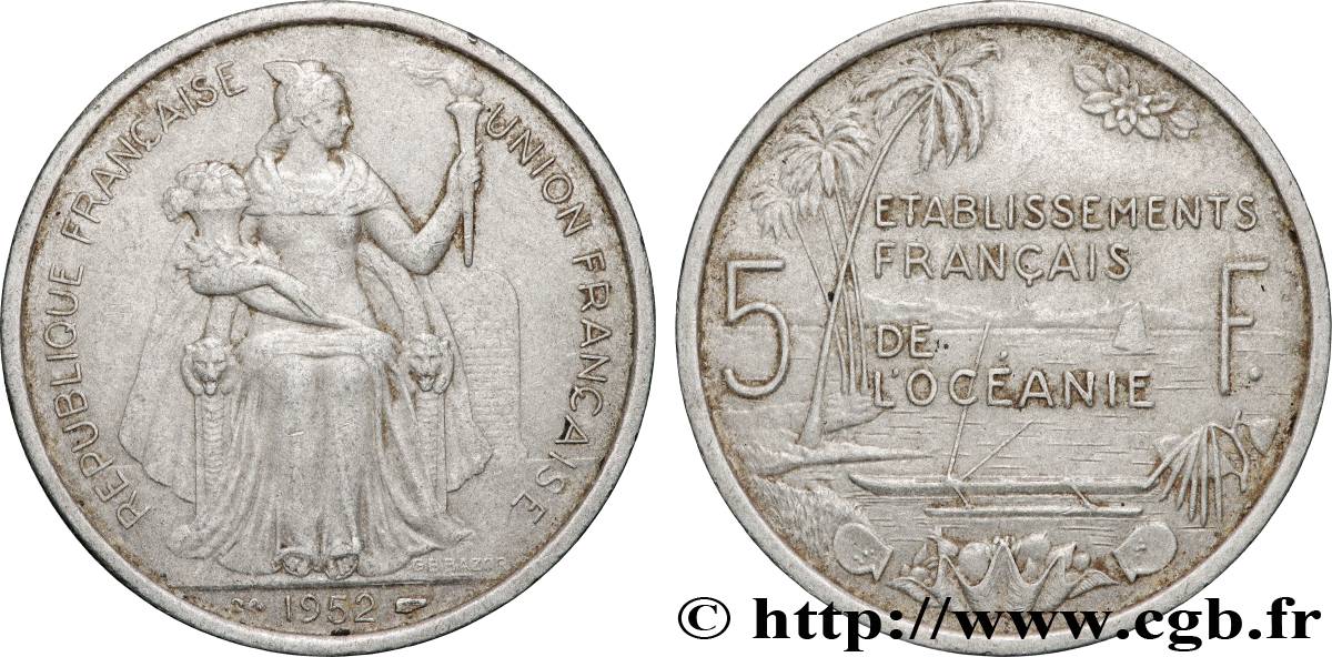 POLYNÉSIE FRANÇAISE - Océanie française 5 Francs Établissements Français de l’Océanie 1952 Paris TTB 