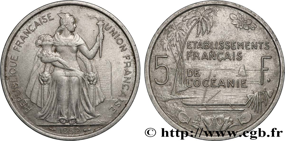 POLINESIA FRANCESE - Oceania Francese 5 Francs Établissements Français de l’Océanie 1952 Paris BB 