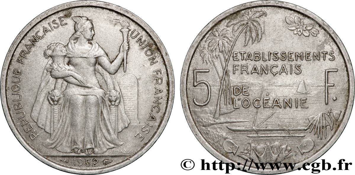 POLINESIA FRANCESE - Oceania Francese 5 Francs Établissements Français de l’Océanie 1952 Paris BB 