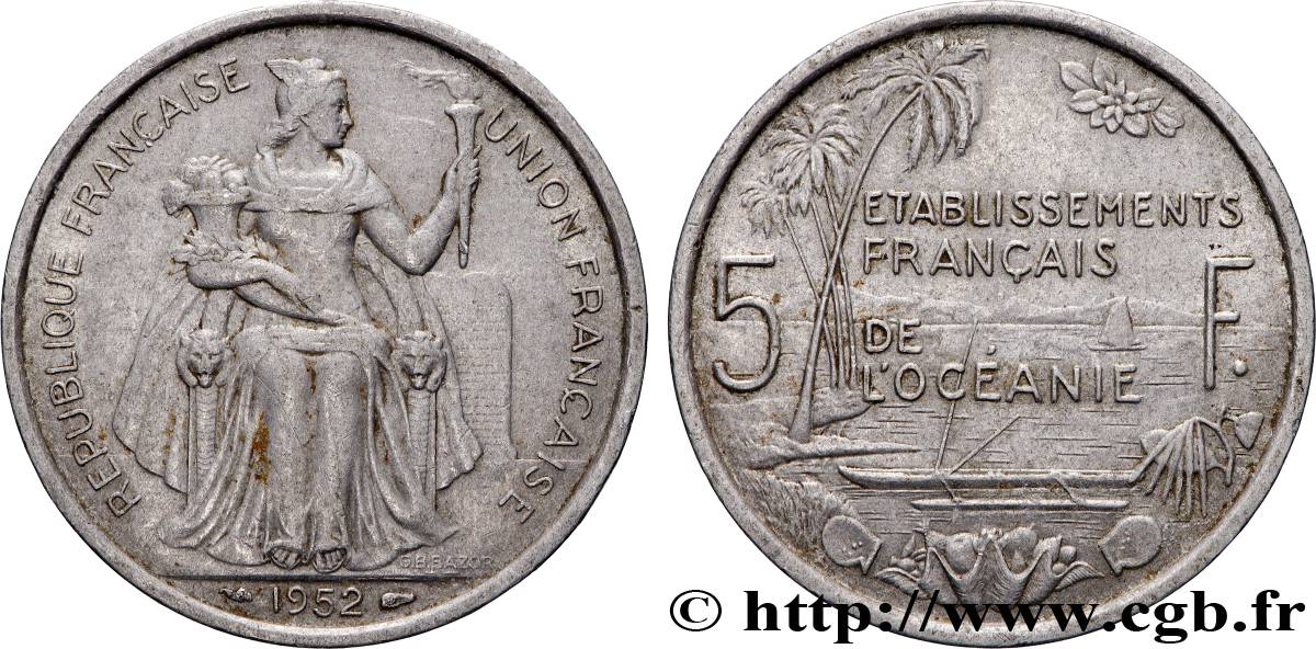 POLINESIA FRANCESE - Oceania Francese 5 Francs Établissements Français de l’Océanie 1952 Paris BB 