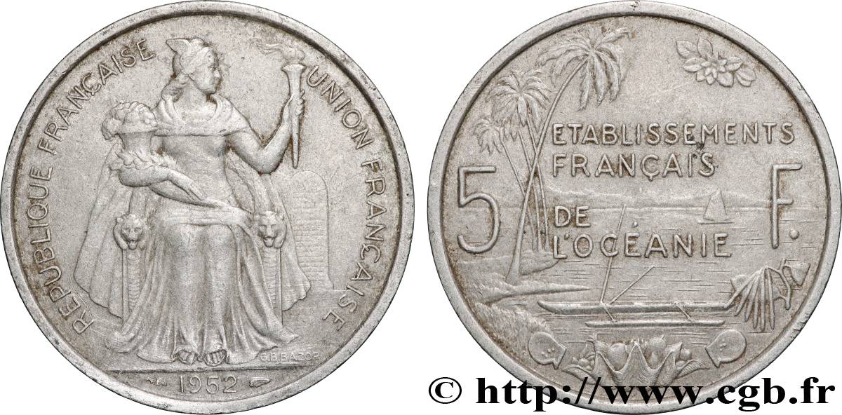 FRENCH POLYNESIA - French Oceania 5 Francs Établissements Français de l’Océanie 1952 Paris XF 