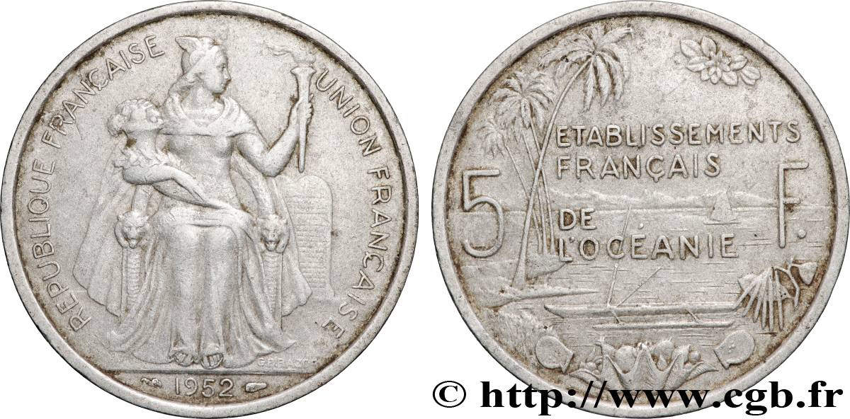 FRENCH POLYNESIA - French Oceania 5 Francs Établissements Français de l’Océanie 1952 Paris XF 