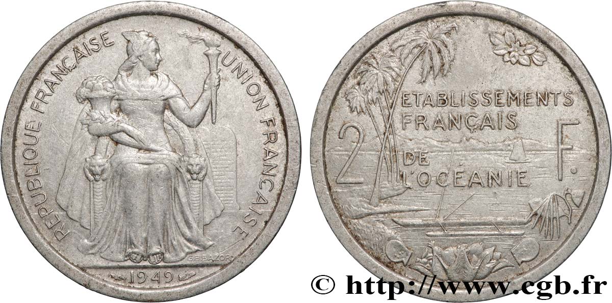 FRENCH POLYNESIA - Oceania Francesa 2 Francs Union Française 1949 Paris MBC 