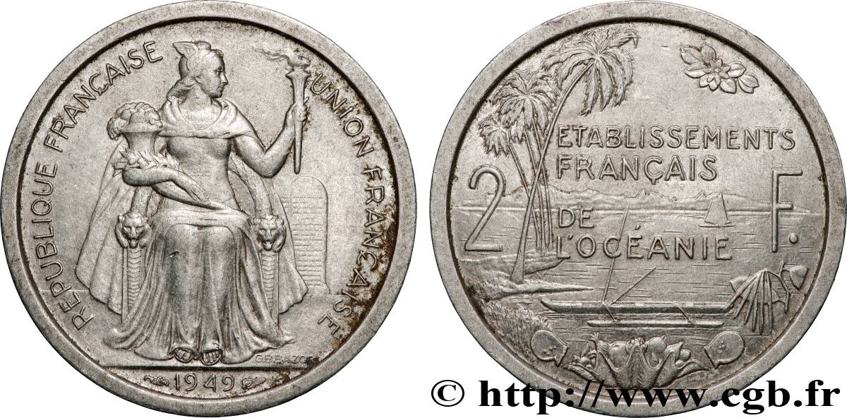 FRENCH POLYNESIA - French Oceania 2 Francs Union Française 1949 Paris XF 