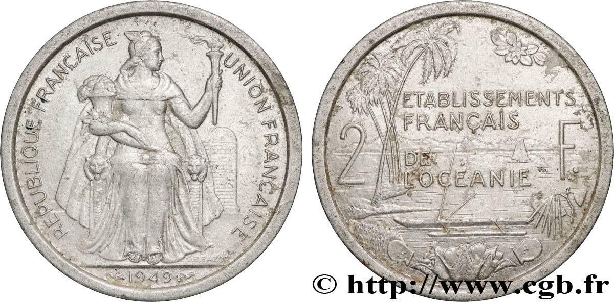 POLINESIA FRANCESE - Oceania Francese 2 Francs Union Française 1949 Paris BB 