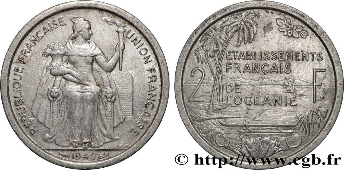 FRENCH POLYNESIA - French Oceania 2 Francs Union Française 1949 Paris XF 