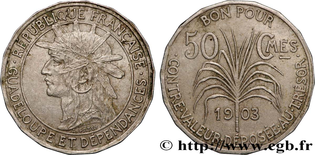 GUADELUPA Bon pour 50 Centimes indien caraïbe / canne à sucre 1903  q.SPL 