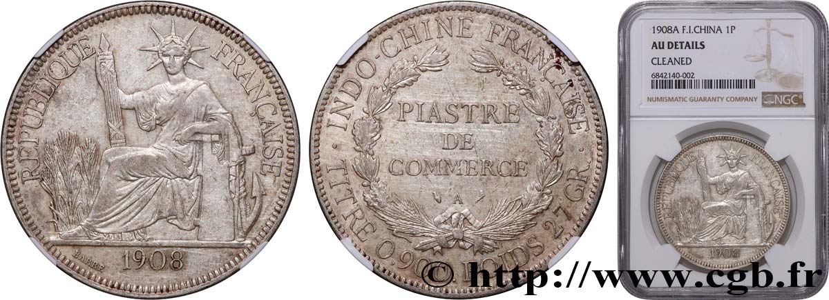 INDOCHINE FRANÇAISE 1 Piastre de Commerce 1908 Paris TTB+ NGC