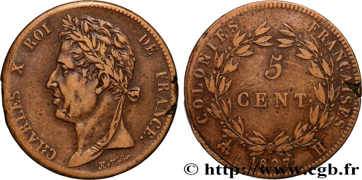 COLONIE FRANCESI - Carlo X, per Martinica e Guadalupa 5 Centimes Charles X 1827 La Rochelle - A q.BB 