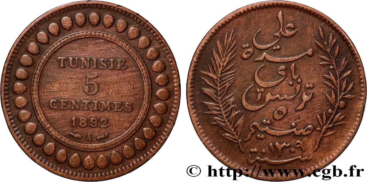 TUNISIE - PROTECTORAT FRANÇAIS 5 Centimes AH1309 1892 Paris TTB 