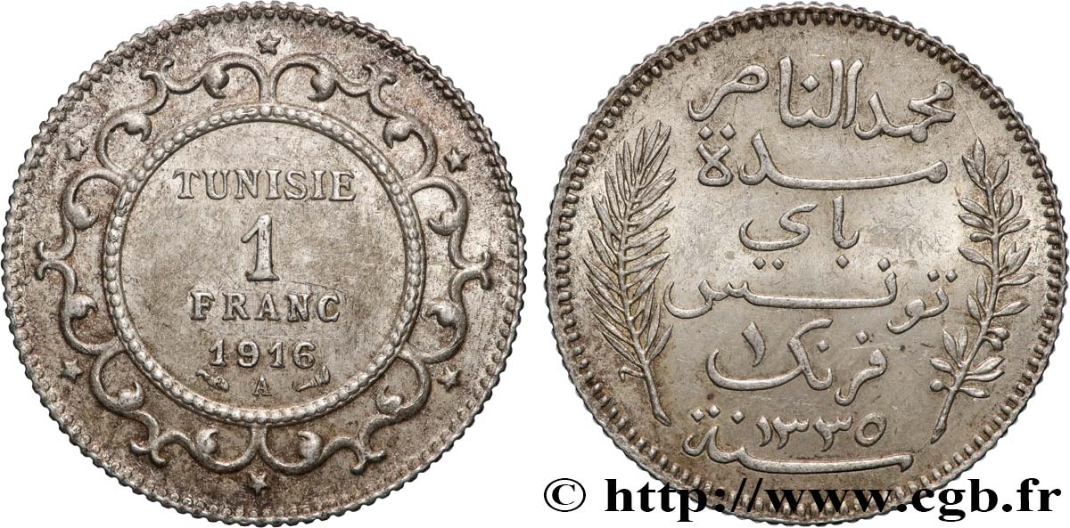 TUNISIA - FRENCH PROTECTORATE 1 Franc au nom du Bey Mohamed En-Naceur an 1334 1916 Paris - A AU 