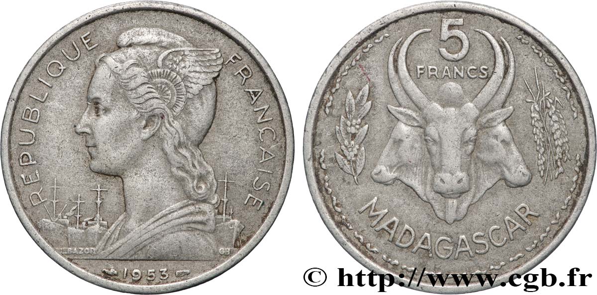 MADAGASCAR - UNIóN FRANCESA 5 Francs 1953 Paris MBC 