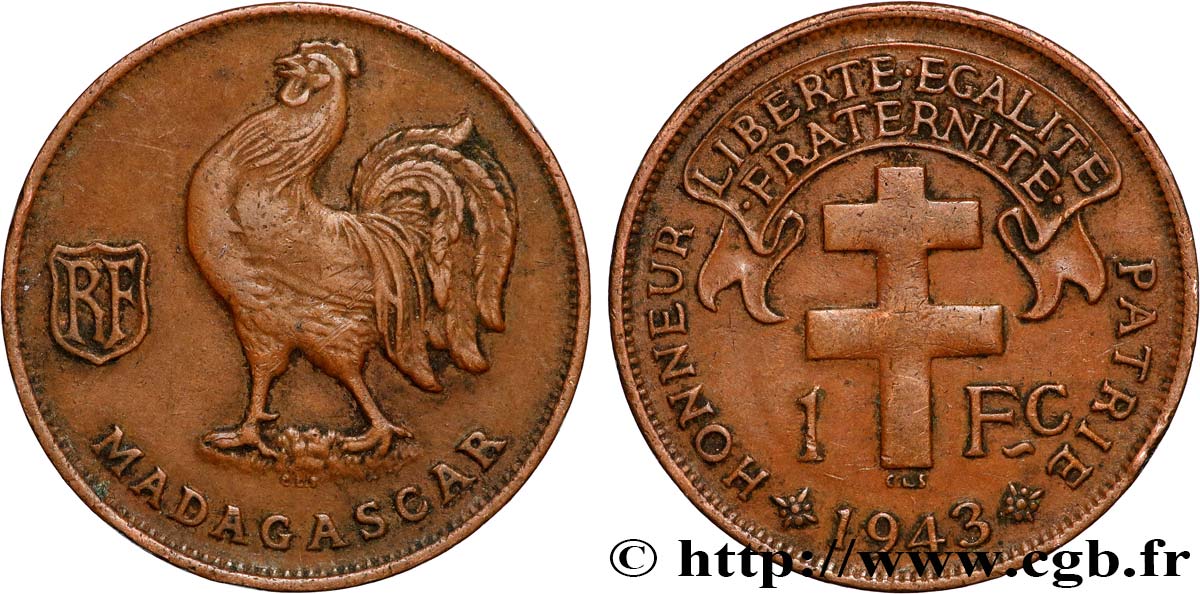 MADAGASCAR - Forze Francesi Libere 1 Franc 1943 Prétoria BB 