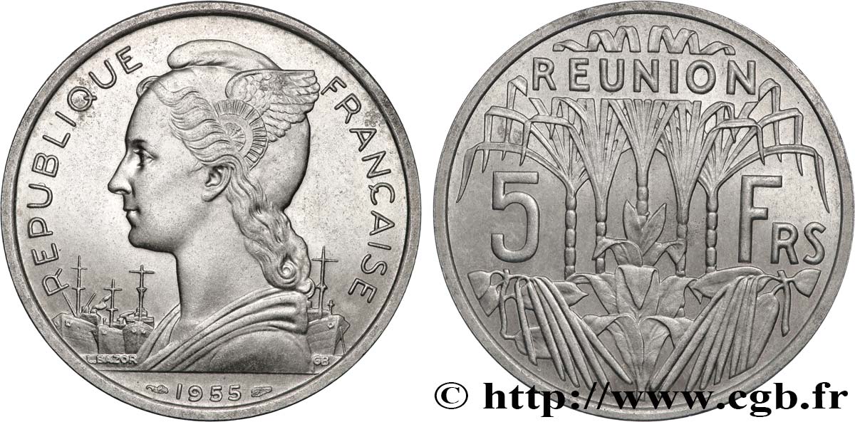 ÎLE DE LA RÉUNION 5 Francs Marianne / canne à sucre 1955 Paris SUP 