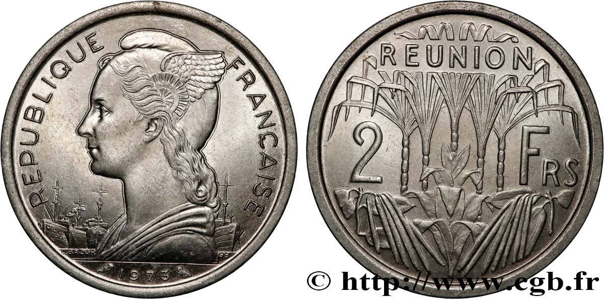 ÎLE DE LA RÉUNION 2 Francs Marianne / canne à sucre 1973 Paris SUP 