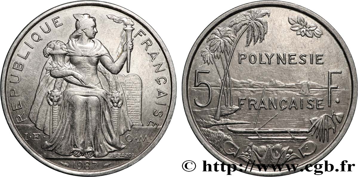 POLINESIA FRANCESE 5 Francs I.E.O.M. Polynésie Française 1987 Paris SPL 