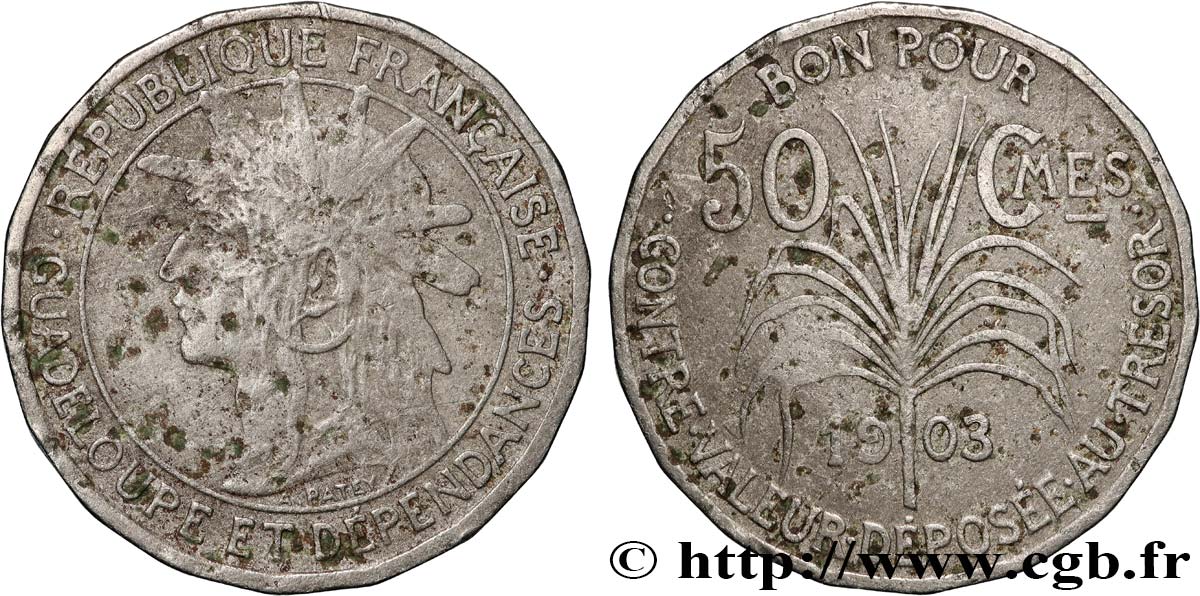 GUADELOUPE Bon pour 50 Centimes indien caraïbe / canne à sucre 1903  S 