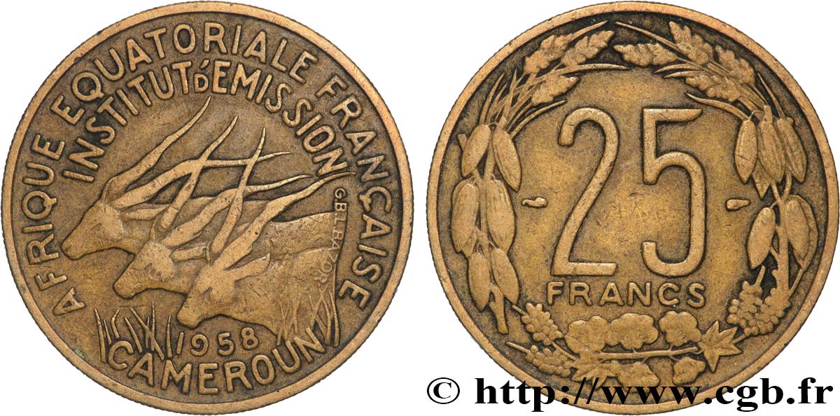 AFRICA ECUATORIAL FRANCESA - CAMERUN 25 Francs antilopes 1958 Paris MBC 