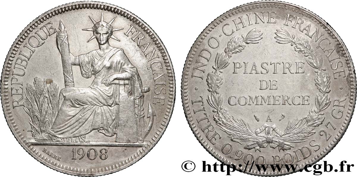 FRENCH INDOCHINA 1 Piastre de Commerce 1908 Paris XF 