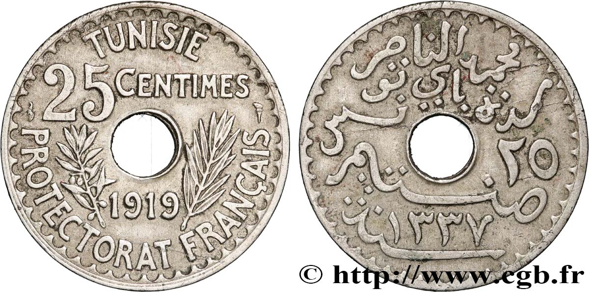 TUNISIE - PROTECTORAT FRANÇAIS 25 Centimes AH 1337 1919 Paris TTB 