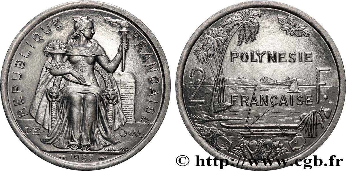 FRANZÖSISCHE-POLYNESIEN 2 Francs I.E.O.M. Polynésie Française 1987 Paris fST 